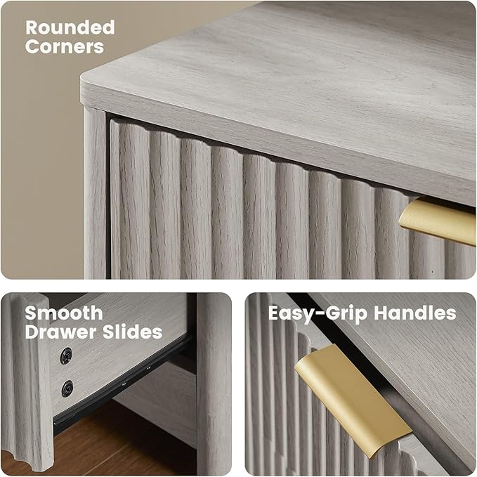 Amada Tall 5 Drawer Dresser, Modern Fluted Vertical Chest with Rounded Corners, Pre-Installed Drawer Slides & Narrow Storage Design for Bedroom or Hallway in Grey
