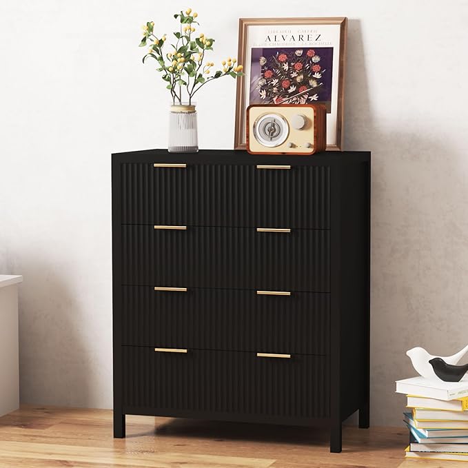 4 Drawer Dressers for Bedroom, Modern Closet Chest of Drawers with Waveform Fluted Panel, Large Wood Storage Dresser Organizer for Nursery Bedroom Living Room Hallway Closet, Black