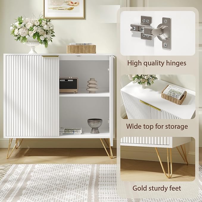 Fluted Storage Cabinet, 2 Doors Sideboard Buffet Cabinet, Modern Wood Accent Cabinet with Adjustable Shelves, Console Table for Living Room, Hallway, Entryway, White