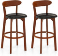 COSTWAY Bar Stool Set of 2, 30.5'' Bar Height Barstools w/Curved Backrest, Faux Leather Cushion & Rubber Wood Frame, Mid Century Modern Island Chairs for Kitchen Bar Cafe, Walnut