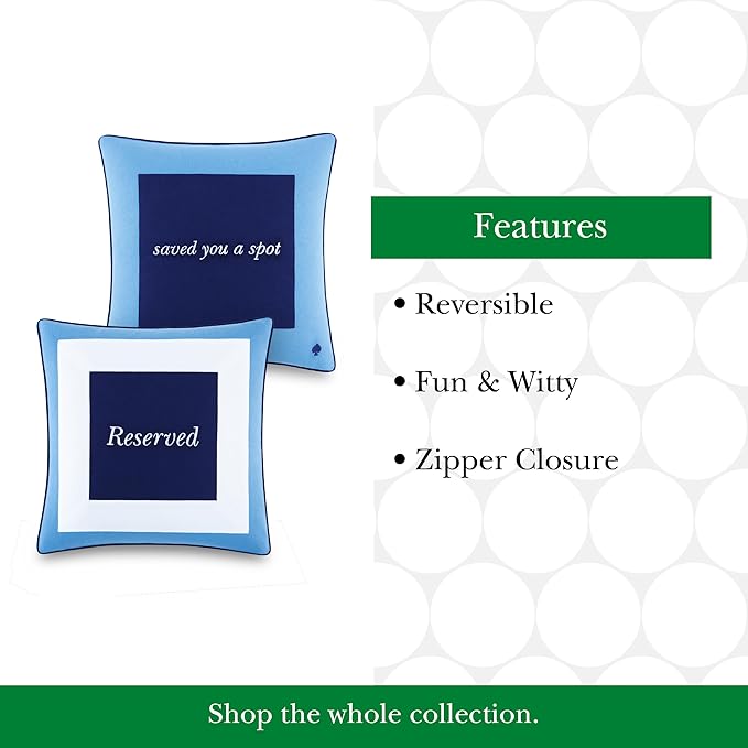 Kate Spade New York Saved You A Spot Reversible Decorative Pillow, 20" x 20" Throw Pillow for Bed or Sofa, Cotton and Linen Cover, Blue, 20 x 20