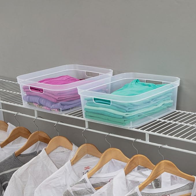 Sterilite 5.25 x 12.25 x 15 Inch Medium Modern Storage Bin w/Comfortable Carry Through Handles & Banded Rim for Household Organization, Clear 24 Pack