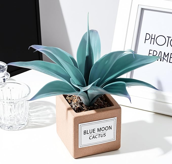 Artificial Agave Plants,Large UV Resistant Fake Agave Planters 12" for Indoor and Outdoor Decorating Tropical Plant Succulents Greenery Indoor Decor (Blue,2Pack)