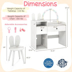 Costzon Kids Vanity, Girls Vanity Set with Mirror and Stool and Lights, Drawers & Storage Compartments, Toddler Makeup Vanity Desk Dressing Table, Wooden Kids Vanity Table and Chair Set (White)