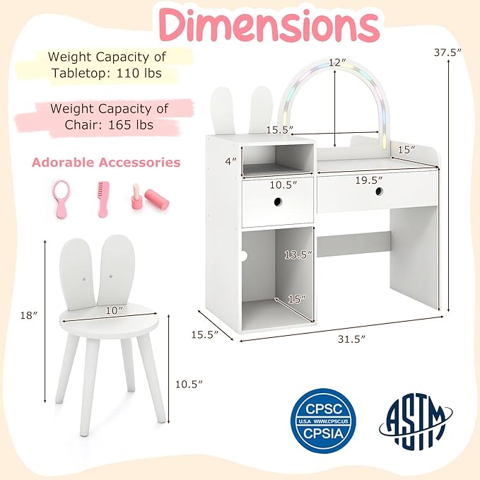 Costzon Kids Vanity, Girls Vanity Set with Mirror and Stool and Lights, Drawers & Storage Compartments, Toddler Makeup Vanity Desk Dressing Table, Wooden Kids Vanity Table and Chair Set (White)