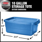 Rubbermaid Roughneck Tote 10 Gal, 6 Pack, Made in USA, Heritage Blue, Rugged Plastic Stackable Storage Bins with Lids and Handles