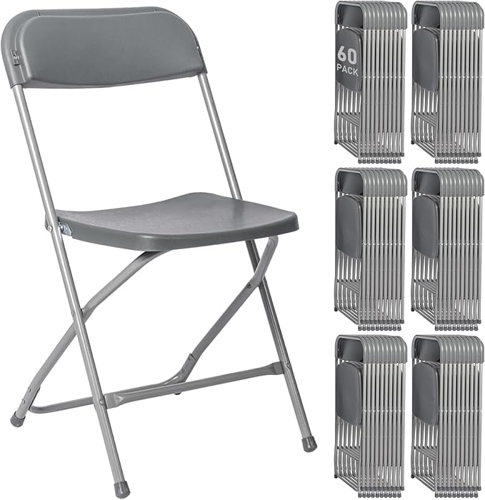 60 Pack Plastic Grey Folding Chairs,Portable Party Chairs Stackable Commercial Seats with Steel Frame for Office Home Outdoor Indoor Wedding Party Patio Dinning Events,350lbs Capacity