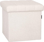 Seville Classics Cushioned Fabric Ottoman Hidden Storage Chest Footrest Chair, Padded Seat for Bedroom, Dorm, Loft, Living Room, Entryway, Hallway, White Boucle, 15.7" Cube
