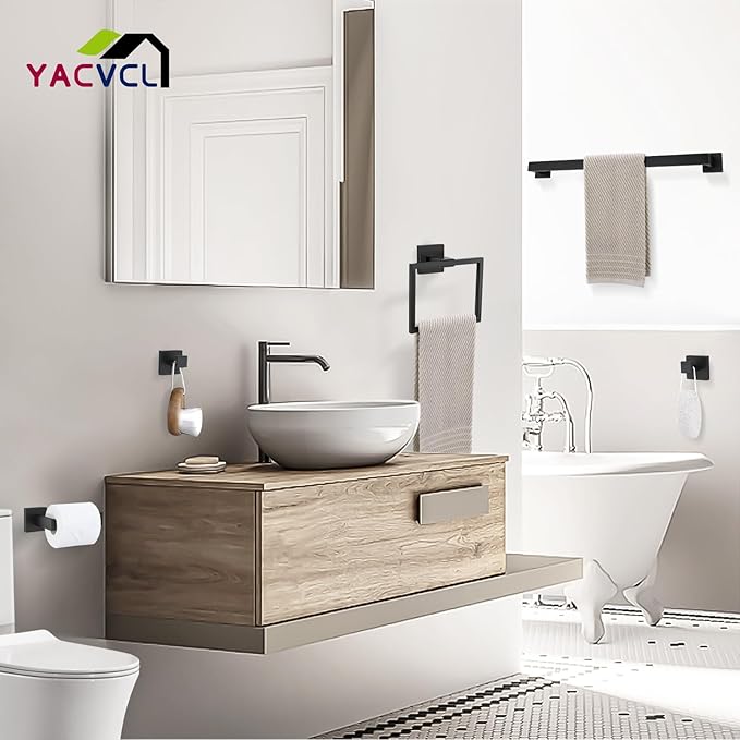 YACVCL Matte Black Bathroom Hardware Set,10 Pieces Towel Bar Set,Towel Holder Set for Bathroom SUS304 Stainless Steel Wall-Mounted Towel Rack Set,23.6 Inch Black Bathroom Accessories