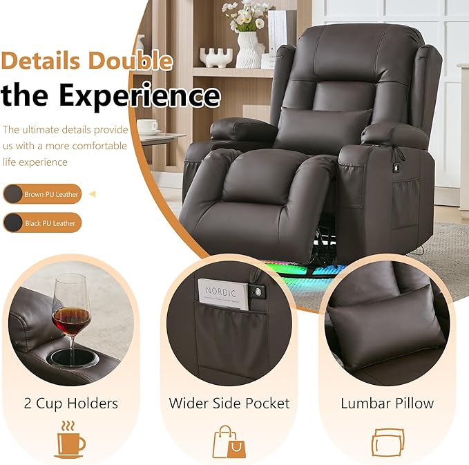 URRED Rocker Recliner Chair for Adults, 270° Swivel Glider Reclining Single Sofa with LED Ambient Light, Cup Holders and Side Pockets, Faux Leather Recliner for Living Room or Home Theater, Brown