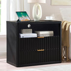 LEYAOYAO 31" Wide Fluted Night Stand Set of 2 with Charging Station, Oversized Extra Large 2 Drawers Nightstand,Black Wood Bedside Table,Tall End Tables,Modern Chest of Drawers Dressers for Bedroom