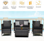 COSTWAY 4PCS Rattan Patio Furniture Set, Outdoor Wicker Rattan Chairs with Coffee Table, Rattan Cushioned Conversation Set for Backyard Balcony Porch Poolside, Black