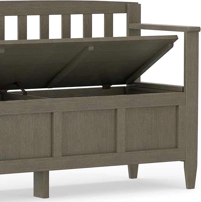SIMPLIHOME Brooklyn Entryway Storage Bench - 48 inch Wide Solid Wood Storage Seat in Farmhouse Grey, Contemporary Bench for Entryway or Living Room with Lift-Up Lid and Slatted Backrest