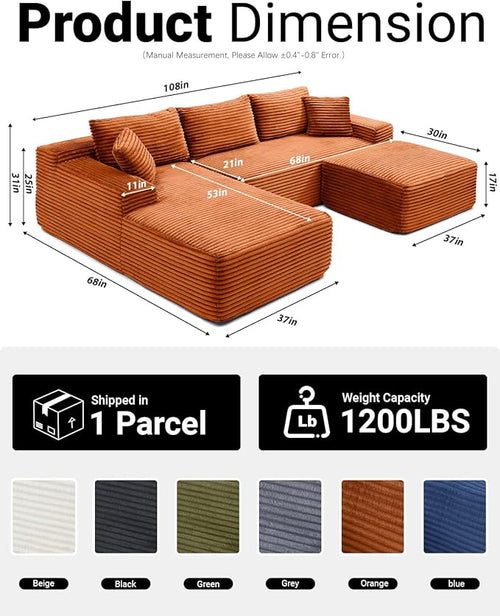 108" Cloud Sectional Couch,Modern Modular Sectional Sofa with Deep Seat,Corduroy Boneless Couches with L-Shape Chaise for Living Room,No Assembly Required (Orange, Left Facing Chaise + Ottoman)
