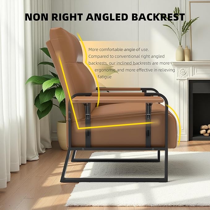 Faux Leather Accent Chair with Flip Up Tray Table Soft Backrest Side Pocket for Living Room Office Bedroom Leather Accent Chair, Brown