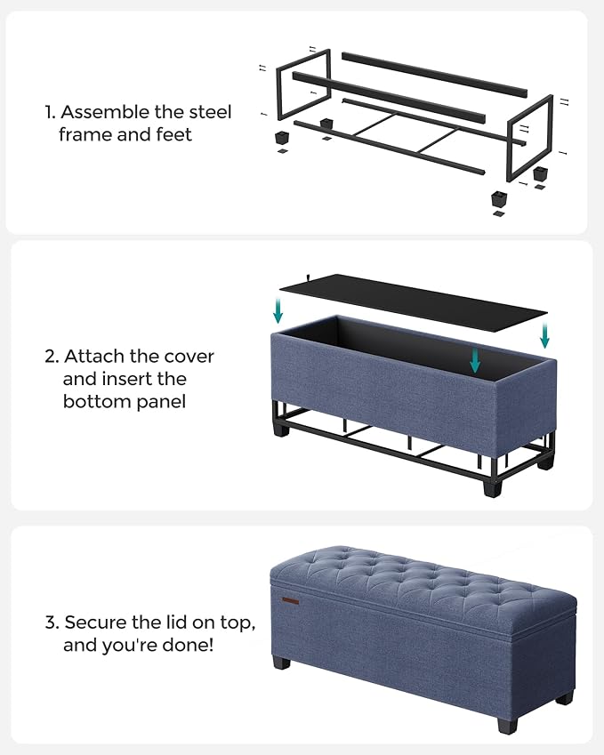 SONGMICS Storage Ottoman Bench, Foot Rest with Legs, 15.7 x 43.3 x 15.7 Inches, End of Bed Bench, Storage Chest, Load up to 660 lb, for Living Room, Bedroom, Entryway, Light Denim Blue ULSF088Q01