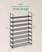 SONGMICS Shoe Rack, 8-Tier Shoe Organizer, Metal Storage Shelf, Upright or Upside Down, for 32-40 Pairs, Stackable, for Entryway, 11.8 x 36.2 x 56.5 Inches, Black ULSA308BH01