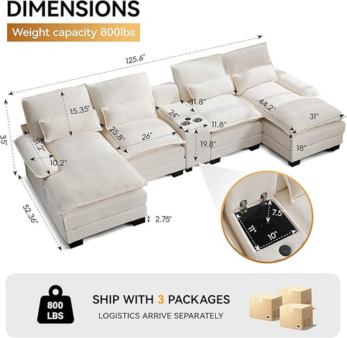125'' U Shaped Cloud Modular Sectional Sofa with Chaise Lounges, Chenille Upholstered Comfy Couch with Storage Console, USB Charging Ports & Cup Holders, Small Deep Seat Sofa for Living Room, Beige