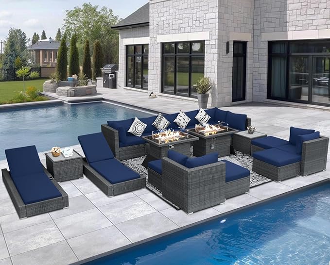 NICESOUL 18 Piece Patio Furniture Set with Fire Pit Table and Chaise, Modern Huge Complete Outdoor Wicker Couch Sets with Firepit and Loungers, 14-Seats Outdoor Seating Sectional Comfy Wide, Gray&Navy