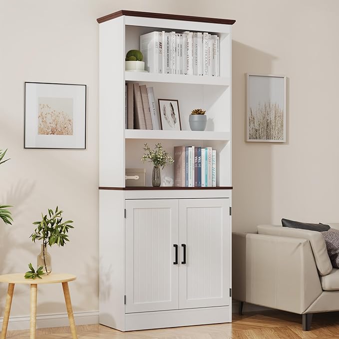 MHOM 71" Tall Bookshelf with Doors, 5 Tiers Farmhouse Bookcase with Adjustable Shelves, Wooden Rustic Display Cabinet for Home Office, Living Room, White