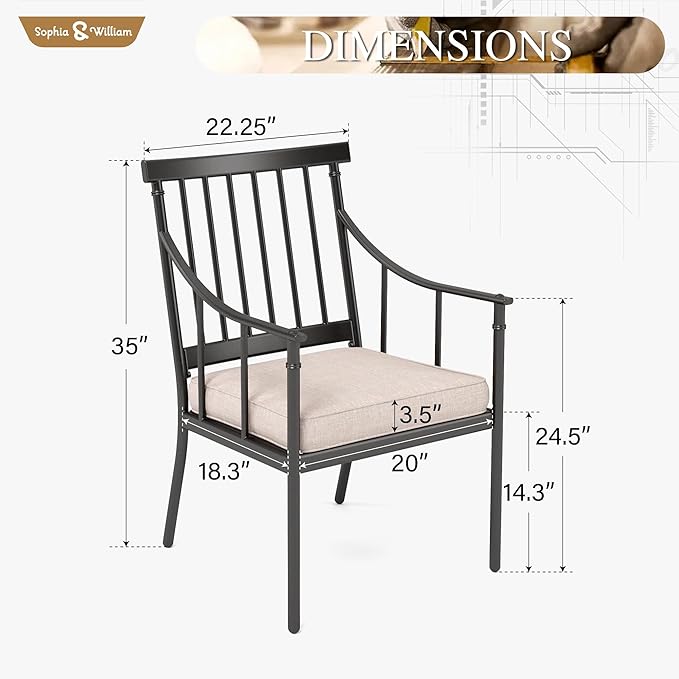 Sophia & William Metal Outdoor Dining Chairs with Seat Cushion, Black Patio Chairs Set of 2, Patio Bistro Conversation Furniture Set for Porch Yard Balcony, Load Capacity: 300lbs