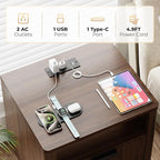 Fluted Nightstand with Charging Station, 2 Drawers Storage Bedside Table, Solid Wood Modern Nightstand with Open Shelf, Curved Profile Design, End Table for Indoor Room Bedroom Office, Walnut