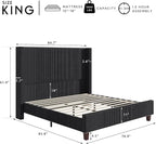 HOWE King Size 61" Corduroy Upholstered Bed Frame, Platform Bed with Vertical Stripe Wingback Headboard, No Box Spring Needed/Noise Free/Solid Wood Slats & Legs/Black