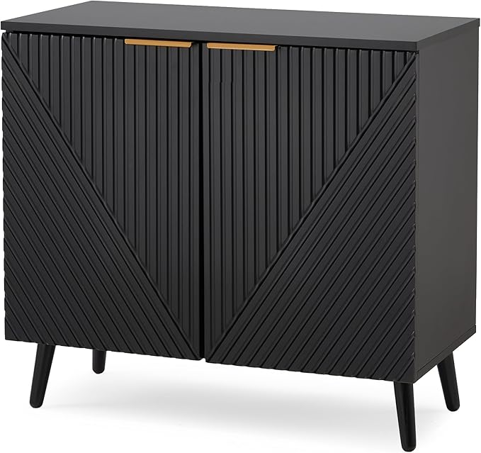 Fluted Black Storage Cabinet with Doors, Wood Sideboard Buffet Cabinet with Adjustable Shelf, Modern Accent Table for Living Room, Entryway