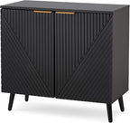 Fluted Black Storage Cabinet with Doors, Wood Sideboard Buffet Cabinet with Adjustable Shelf, Modern Accent Table for Living Room, Entryway
