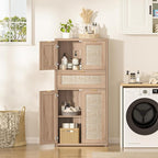 LEYAOYAO 48" Tall Storage Cabinet Set of 2,Rattan Bathroom Floor Cabinets with 4 Doors & 1Drawer,Boho Kitchen Pantry with Adjustable Shelves,Wooden Cupboard for Living Room,Home Office,Natural Wood
