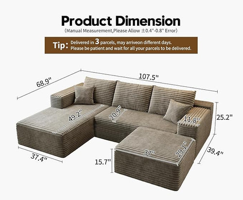 107.5" Cloud Modular Sectional Couch with 1 Ottoman,Modern Minimalist Upholstered Couches, Comfort U Shaped Sofa for Living Room,Deep Seat Corner Couch，No Assembly Required (Camel,Left Facing Chaise)
