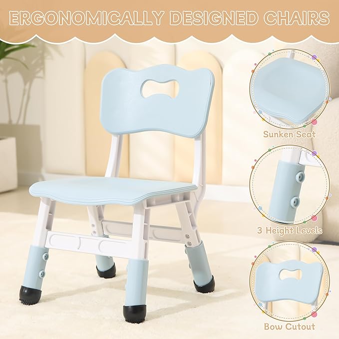 Kids Table and 2 Chairs Set, Height Adjustable Toddler Chairs, Graffiti Desktop Study With Anti-Slip Foot Covers, Children Activity Set for Ages 2-10, Blue Grey