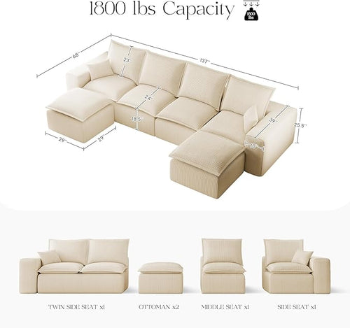 137" Comfy Cloud Couch with U-Shape Chaise & Deep Seat, Modular Sectional Sofa in a Box, Boneless Upholstered Couches for Living Room, No Assembly Required (Soft Corduroy, Beige)