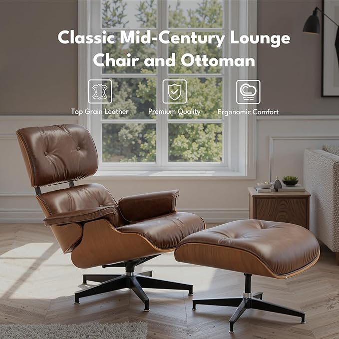 Top Grain Leather, Mid Century Chaise Lounge Chair and Ottoman, Reading Chair, Leather Accent Chair, Modern Chair, Classic Design, for Living Room Lounge Office,Retro Aged Leather, Walnut