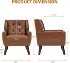 Faux Leather Accent Chair, Mid-Century Modern Upholstered Armchair, Comfy Living Room Chairs Reading Chairs with Button Tufted Back & Solid Wood Legs for Bedroom, Office, Coffee