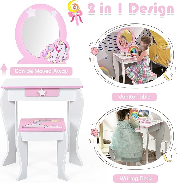 HONEY JOY Unicorn Kids Vanity, Toddler Makeup Table with Mirror and Stool, Wooden Pretend Play Vanity for Little Girls, Detachable Mirror and Storage Drawer, Kids Vanity Table and Chair Set (White)