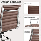 Ribbed Office Chair with Top Grain Leather - Mid Back Ergonomic Desk Chair with Aluminum Arm Rest and 5-Star Base, Swivel Chair Brown