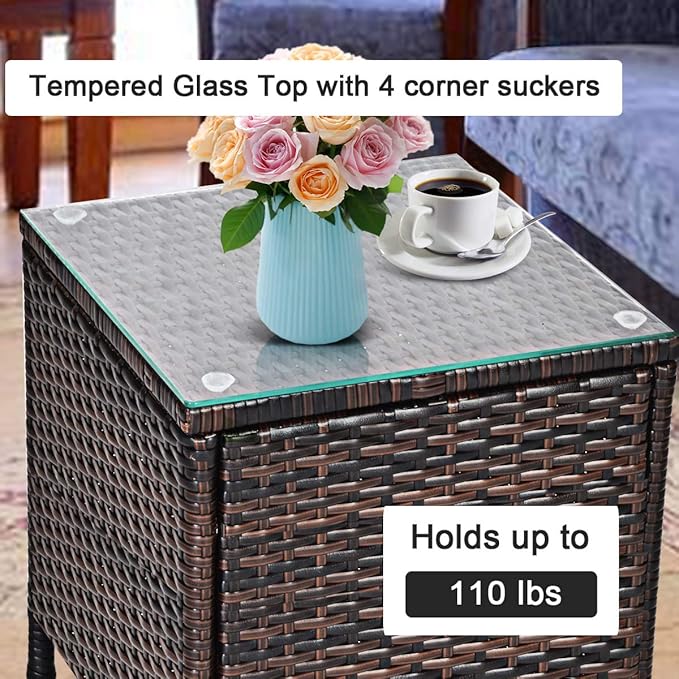 COSTWAY 3 PCS Patio Furniture Set, Outdoor Wicker Conversation Set with Tempered Glass Coffee Table, Seat Cushions, Rattan Wicker Chairs for Poolside Balcony Porch Backyard, Navy