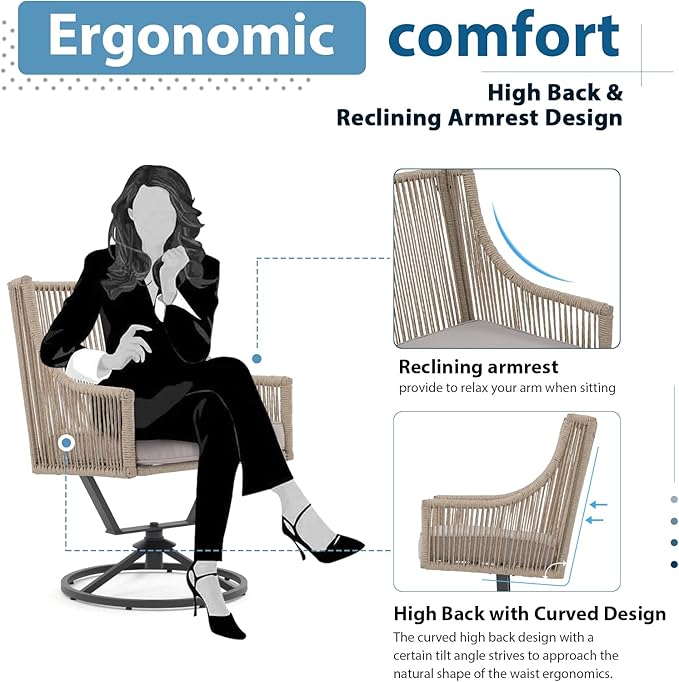 JOIVI Swivel Patio Chairs Set of 2, Outdoor Rattan Dining Chairs with Breathable Cushions, Outdoor Swivel Rattan Chair with Iron Frame for Lawn, Garden, Porch, Backyard, Beige