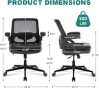 Big and Tall Office Chair, 500lbs Mesh Heavy Duty Ergonomic Desk Chair with Flip-up Armrests, Plus Size Wide Seat in PU Leather, 360 Swivel Computer Executive Task Chair for Home Office (Black)