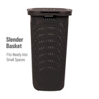 Mind Reader Slim Laundry Hamper with Lid, 60L Clothes Basket, Premium Wicker Design, Plastic, Brown