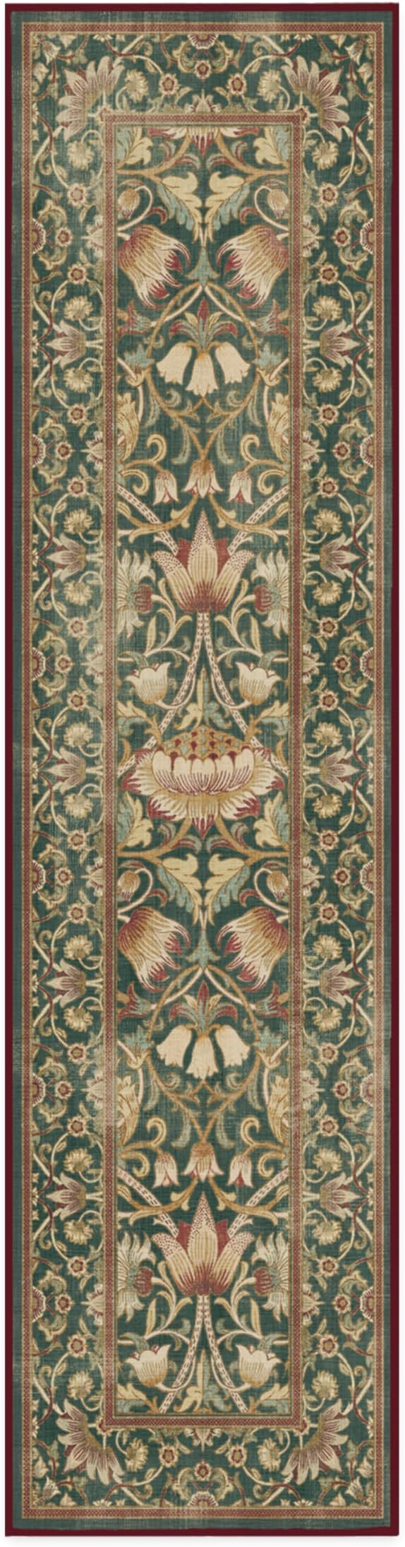RUGGABLE x Morris & Co Machine Washable Christmas Runner Rug–Lodden Soft Evergreen & Gold 2.5x10, Stain-Resistant, Non-Slip–Washable Rug for Hallway, Entryway, Living Room, Kitchen–with Cushioned Pad
