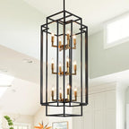 Farmhouse 12-Light Lantern Tiered Pendant Light Fixture - Entryway Chandelier for High Ceilings, Staircase, Hallway (Black and Gold)