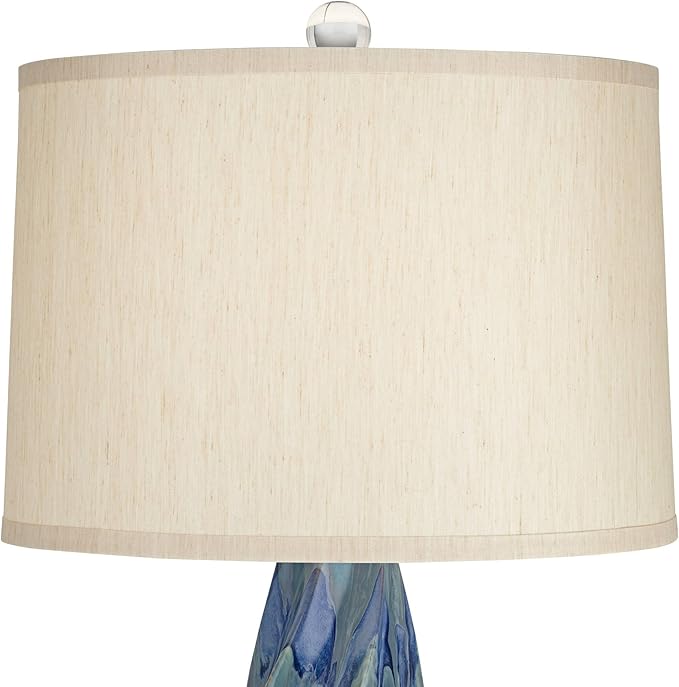 Possini Euro Design Teresa Coastal Modern Table Lamp with Square Riser 32.5" Tall Blue Teal Drip Ceramic Beige Drum Shade Living Room Bedroom House Bedside Nightstand Home Office (Color May Vary)