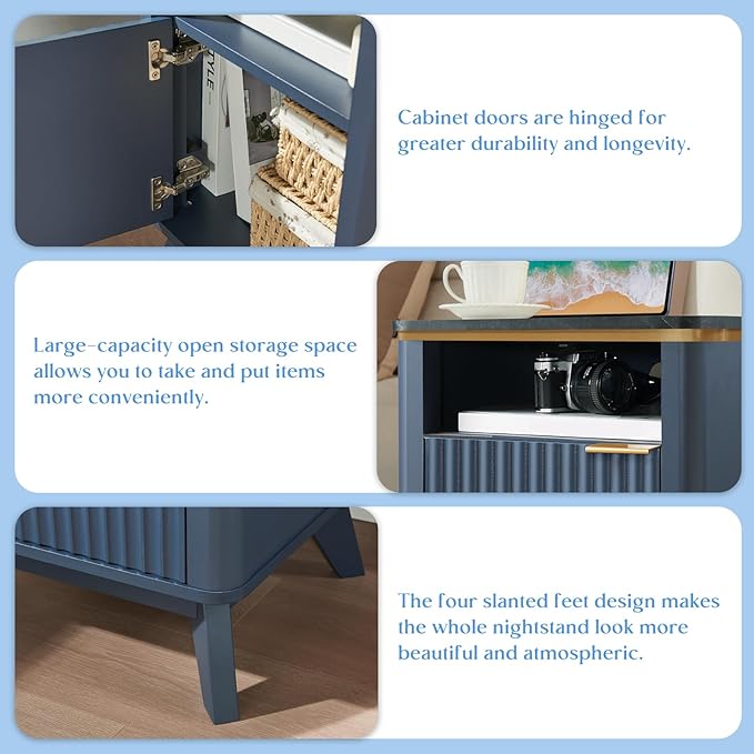 QUW Fluted Nightstands Set of 2 with Charging Station, 18" Modern Side Table, Wooden Bedside Table with Faux Marble Top, Open Storage, Cabinet, End Table for Bedroom, Living Room, Navy Blue