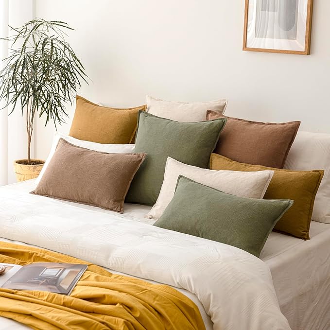 Foindtower Pack of 2, Decorative Linen Soild Throw Pillow Covers Soft Accent Cushion Case Farmhouse Neutral Pillowcase for Chair Couch Sofa Bedroom Living Room Home Decor 22x22 Inch Olive Branch Green