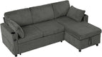 84" Corduroy Pull Out Sofa Bed w/Adjustable Backrests, Sectional L-Shape Sleeper Sofa w/Storage Chaise, Convertible Couch Bed w/USB Charging Port & Cup Holders for Living Room, House, Grey