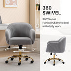 Home Office Desk Chair with Arms Gold Wheels Modern Velvet Upholstered Rolling Computer Chair Mid-Back Ergonomic Adjustable Swivel Vanity Chair for Bedroom Study Office, Grey,Corduroy