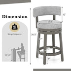 COSTWAY Bar Stool Set of 2, 27-inch 360° Swivel Barstool with Upholstered Back & Seat, Solid Rubber Wood Legs & Footrest, Farmhouse Counter Height Chair for Home, Bar, Cafe, Grey (2, Seat height 27‘’)