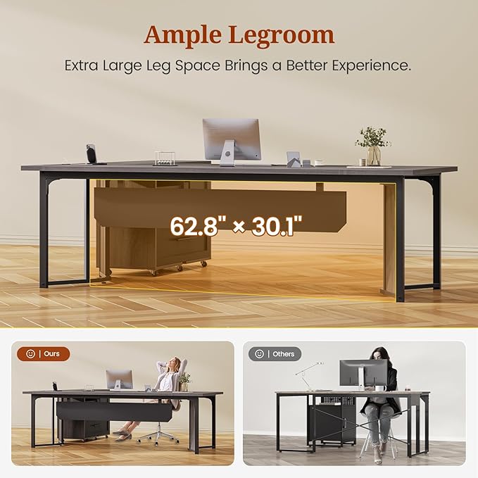 63" Executive Desk with Mobile File Cabinet, Large Office Desk with Drawer, Modern L Shaped Desk with Power Outlets, Storage Shelves, Corner Computer Desk Business Workstation Set (Grey)